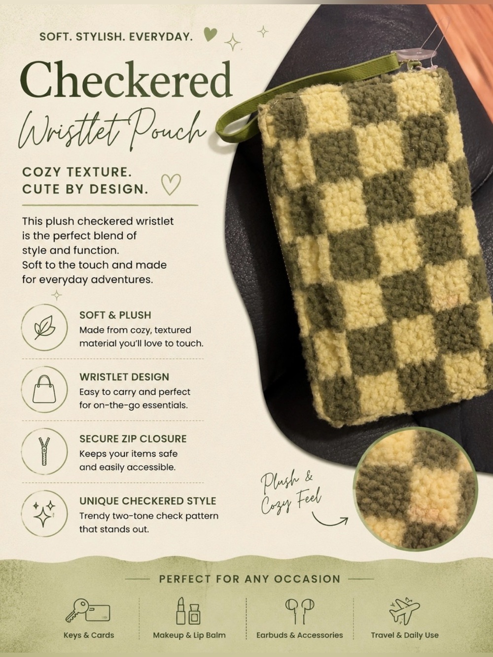 Textured Plush Checkered Wristlet NWT